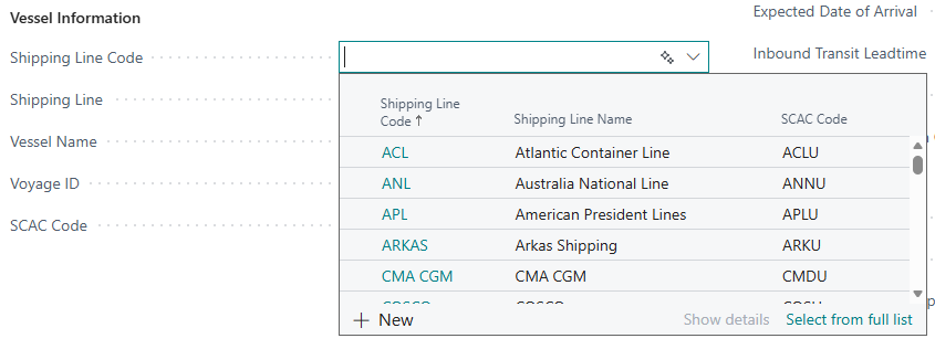 Shipping Line Code lookup on a freight container in Business Central showing carrier names and SCAC codes