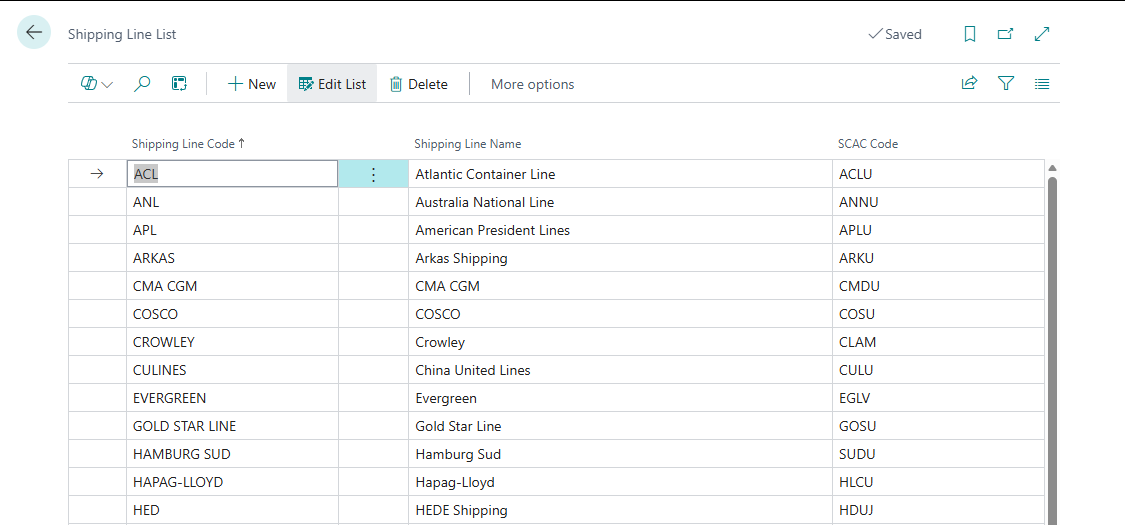 Shipping Line list in Container Management Setup showing pre-populated SCAC codes for common freight carriers