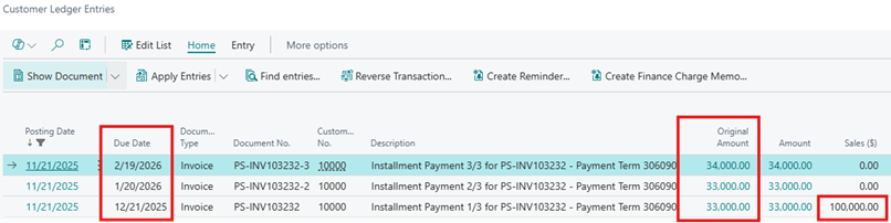 Customer Ledger Entries page showing multiple Installment Payment Terms amounts as well as Sales amount