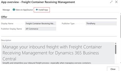 App Overview inside Business Central Marketplace. Install App button highlighted.
