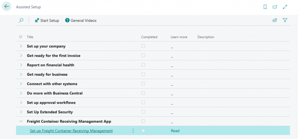 Assisted Setup page with the "Set up Freight Container Receiving Management" entry highlighted