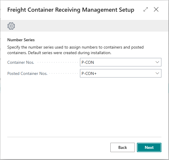 Number Series step showing the Container Nos. and Posted Container Nos. fields with values selected