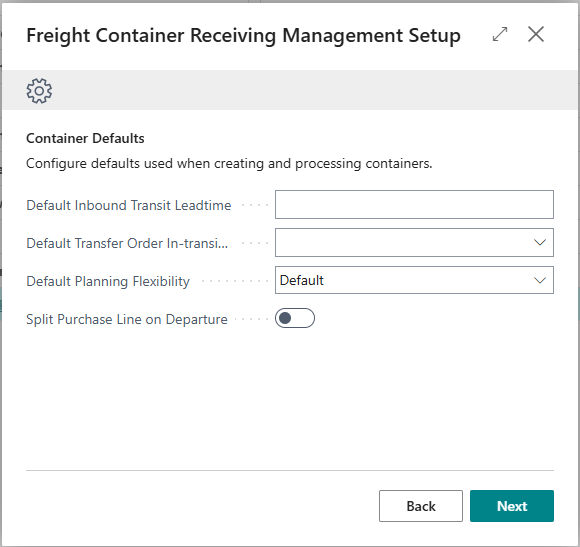 Container Defaults step showing all four fields with example values
