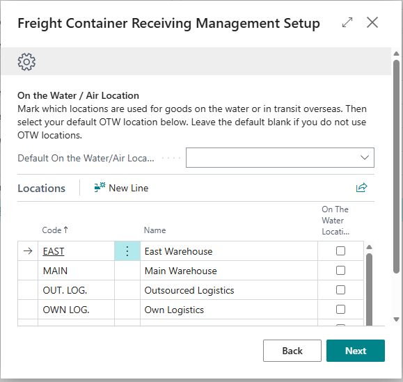 On The Water Location step showing the Locations subpage list with On The Water flags and the Default On The Water Location field