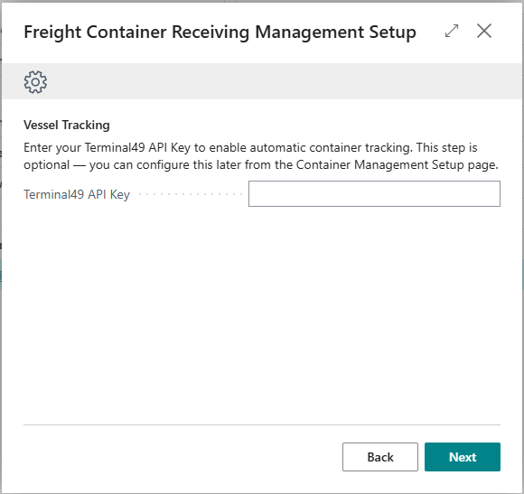 Vessel Tracking step showing the Terminal49 API Key field