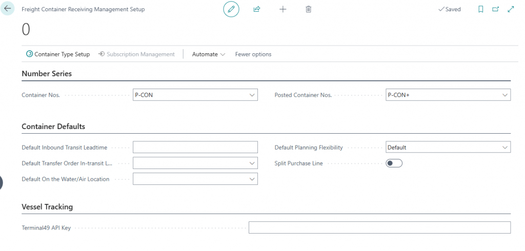 Freight Container Receiving Management Setup page