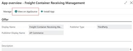 App Overview inside Business Central Marketplace. View on AppSource button highlighted.